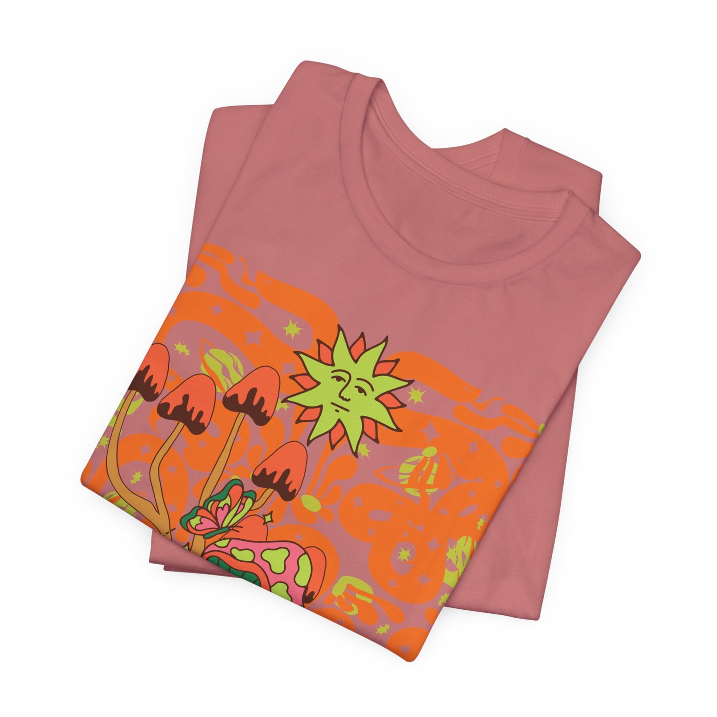 Psychedelic Garden Tee — Retro Mushroom & Sun Graphic T-Shirt