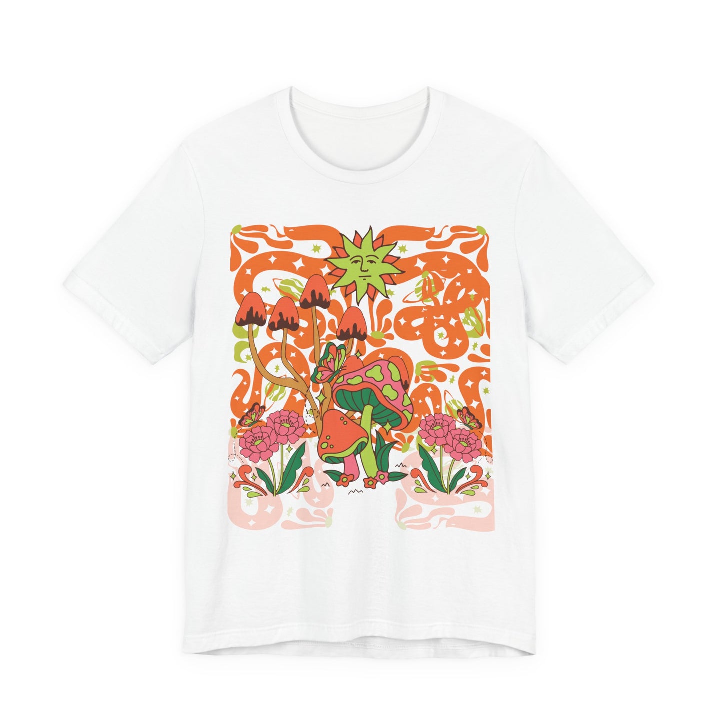 Psychedelic Garden Tee — Retro Mushroom & Sun Graphic T-Shirt