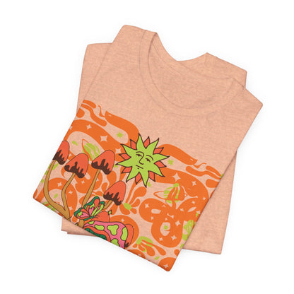 Psychedelic Garden Tee — Retro Mushroom & Sun Graphic T-Shirt