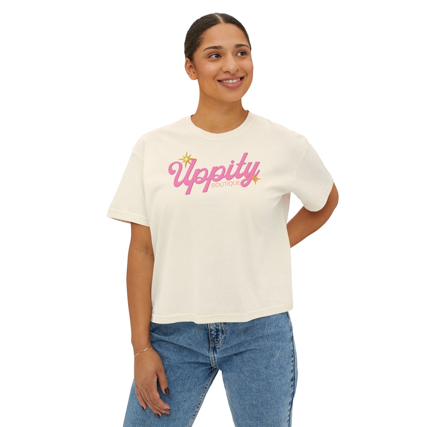 Uppity Pink Script Boxy Tee — Women's Retro Vibe Casual Top