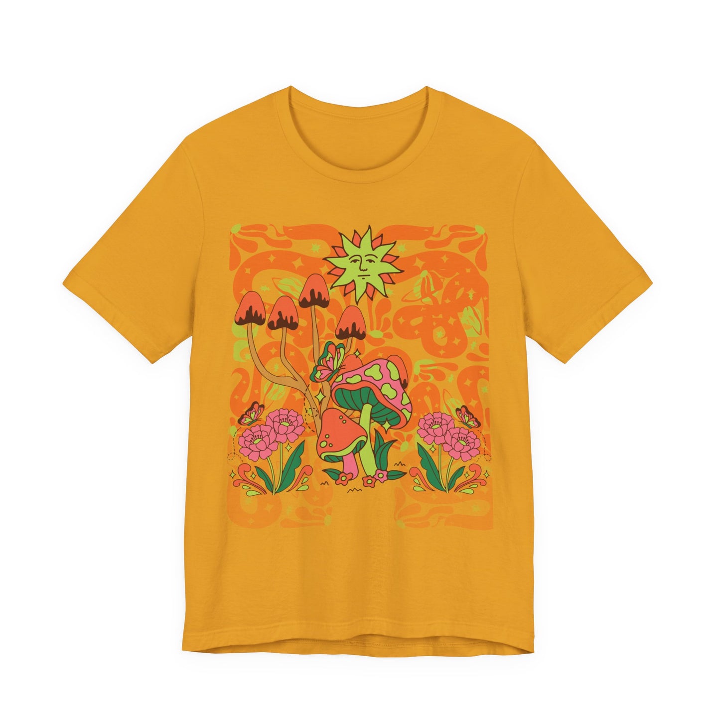 Psychedelic Garden Tee — Retro Mushroom & Sun Graphic T-Shirt