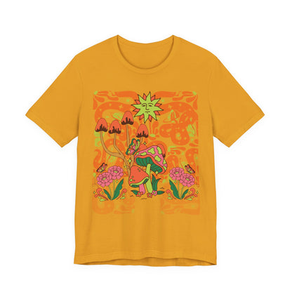 Psychedelic Garden Tee — Retro Mushroom & Sun Graphic T-Shirt