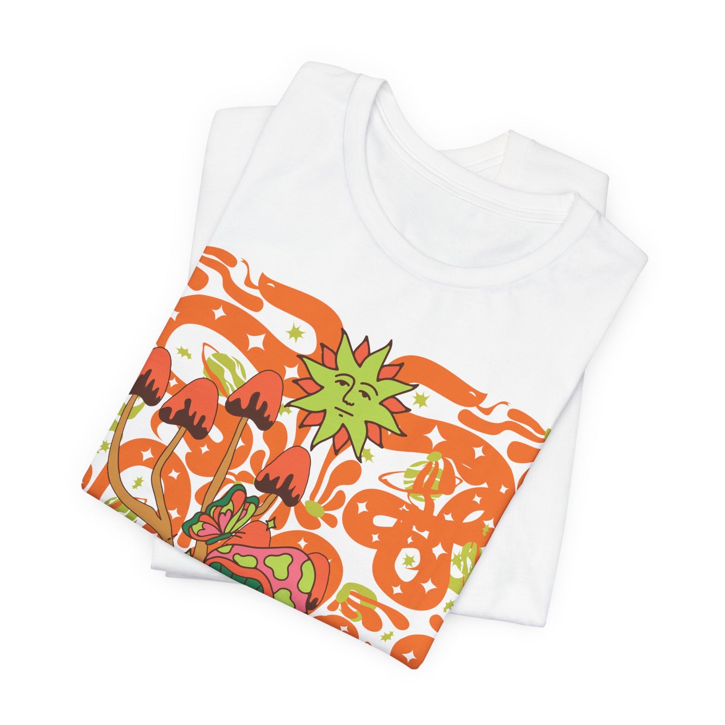 Psychedelic Garden Tee — Retro Mushroom & Sun Graphic T-Shirt