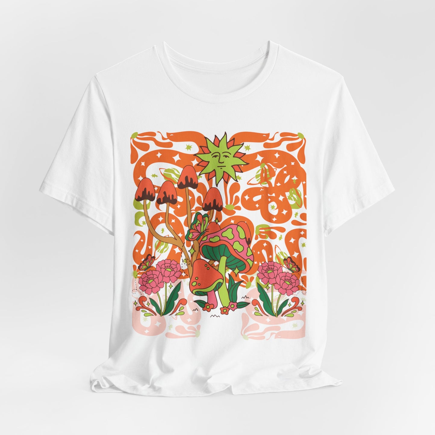 Psychedelic Garden Tee — Retro Mushroom & Sun Graphic T-Shirt