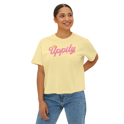 Uppity Pink Script Boxy Tee — Women's Retro Vibe Casual Top