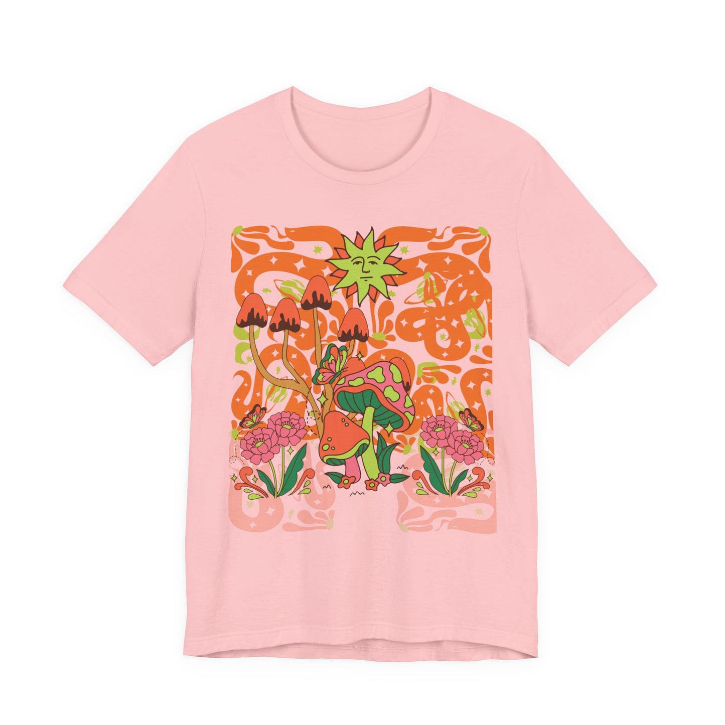 Psychedelic Garden Tee — Retro Mushroom & Sun Graphic T-Shirt
