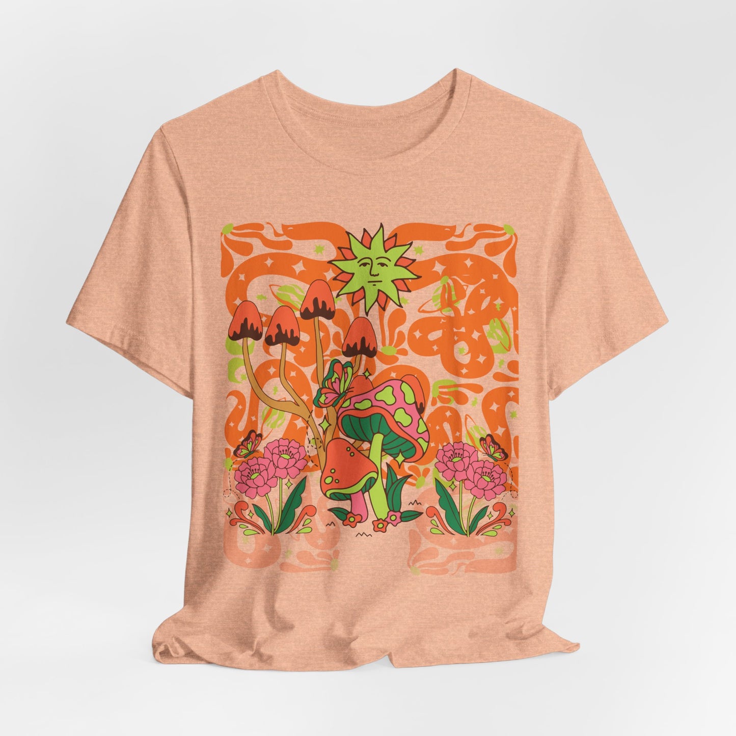 Psychedelic Garden Tee — Retro Mushroom & Sun Graphic T-Shirt