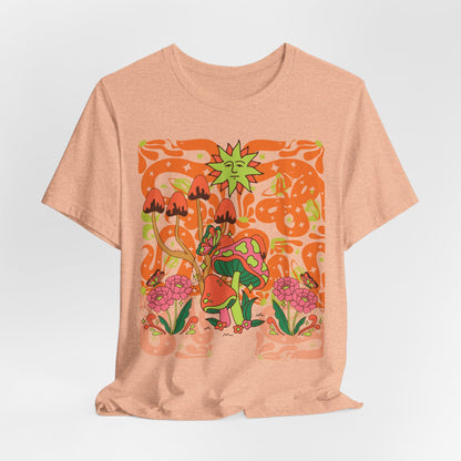 Psychedelic Garden Tee — Retro Mushroom & Sun Graphic T-Shirt