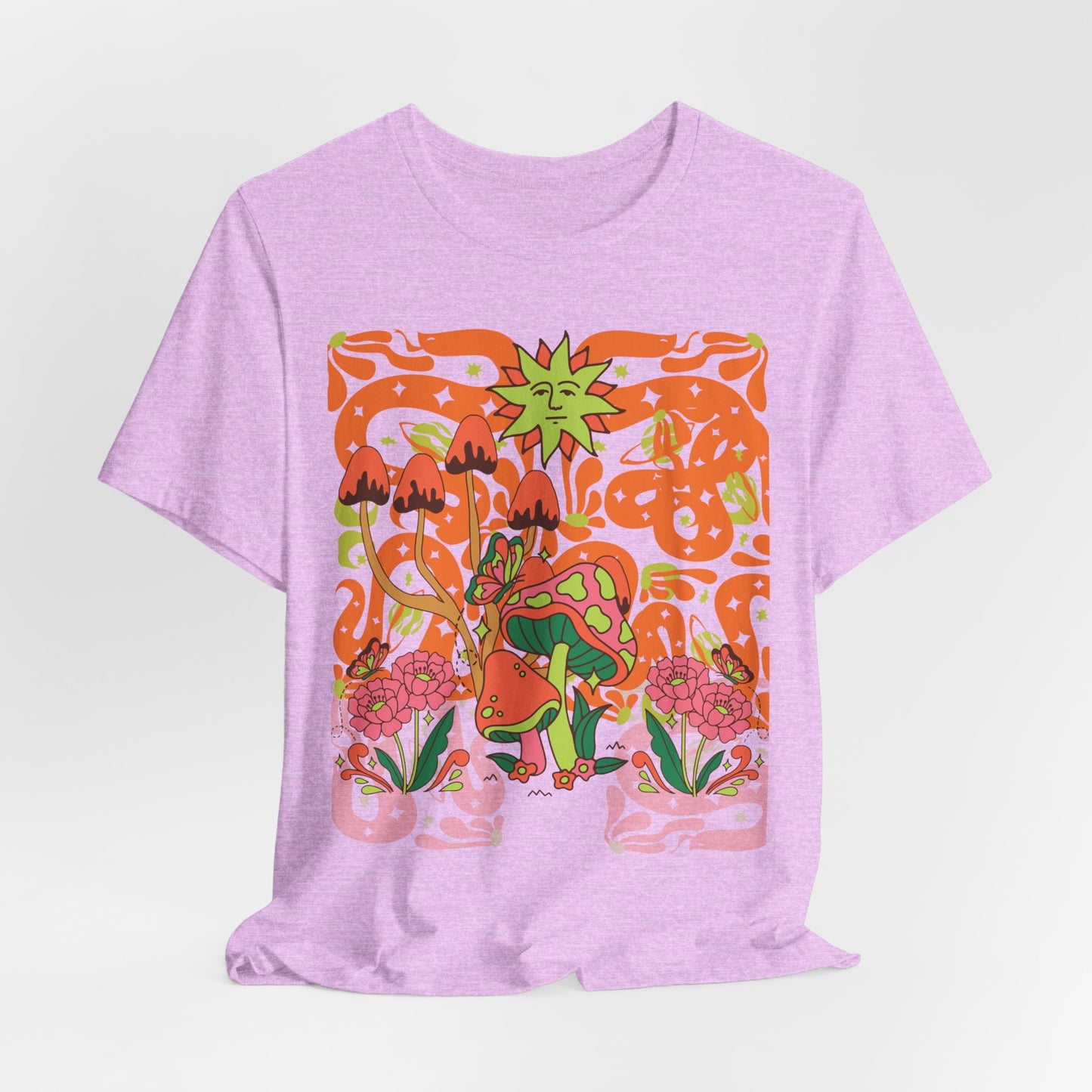 Psychedelic Garden Tee — Retro Mushroom & Sun Graphic T-Shirt