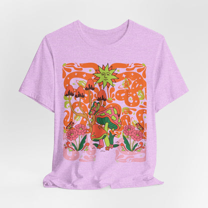 Psychedelic Garden Tee — Retro Mushroom & Sun Graphic T-Shirt