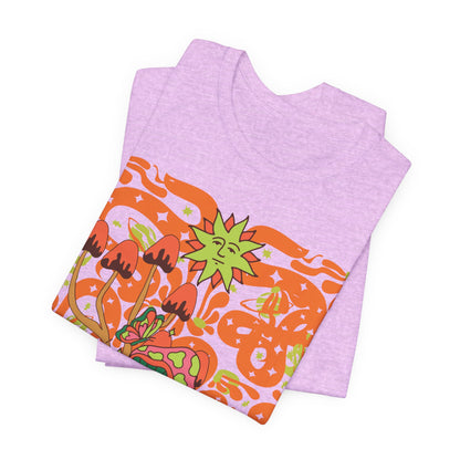 Psychedelic Garden Tee — Retro Mushroom & Sun Graphic T-Shirt