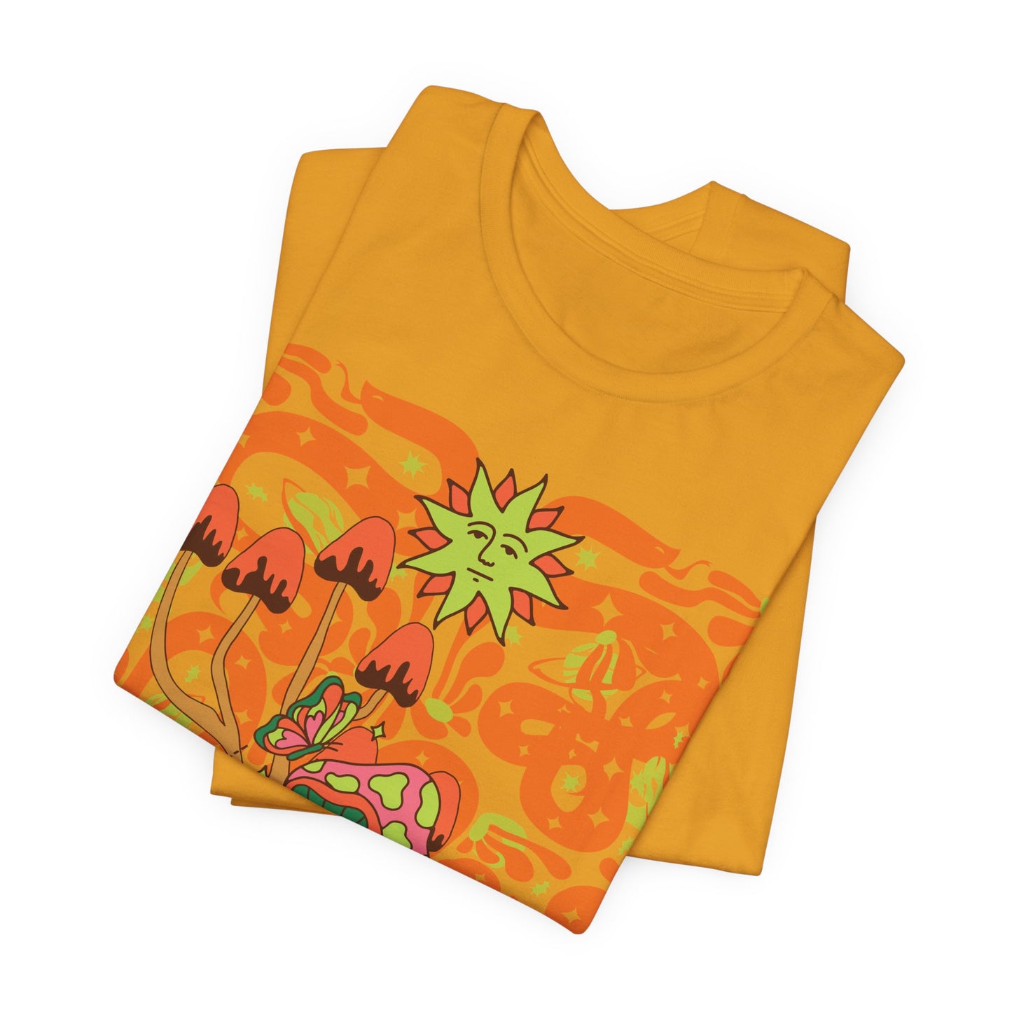 Psychedelic Garden Tee — Retro Mushroom & Sun Graphic T-Shirt