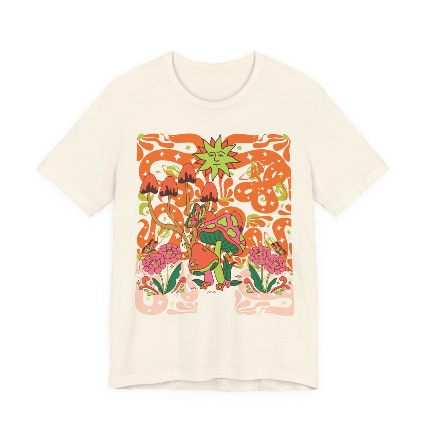 Psychedelic Garden Tee — Retro Mushroom & Sun Graphic T-Shirt
