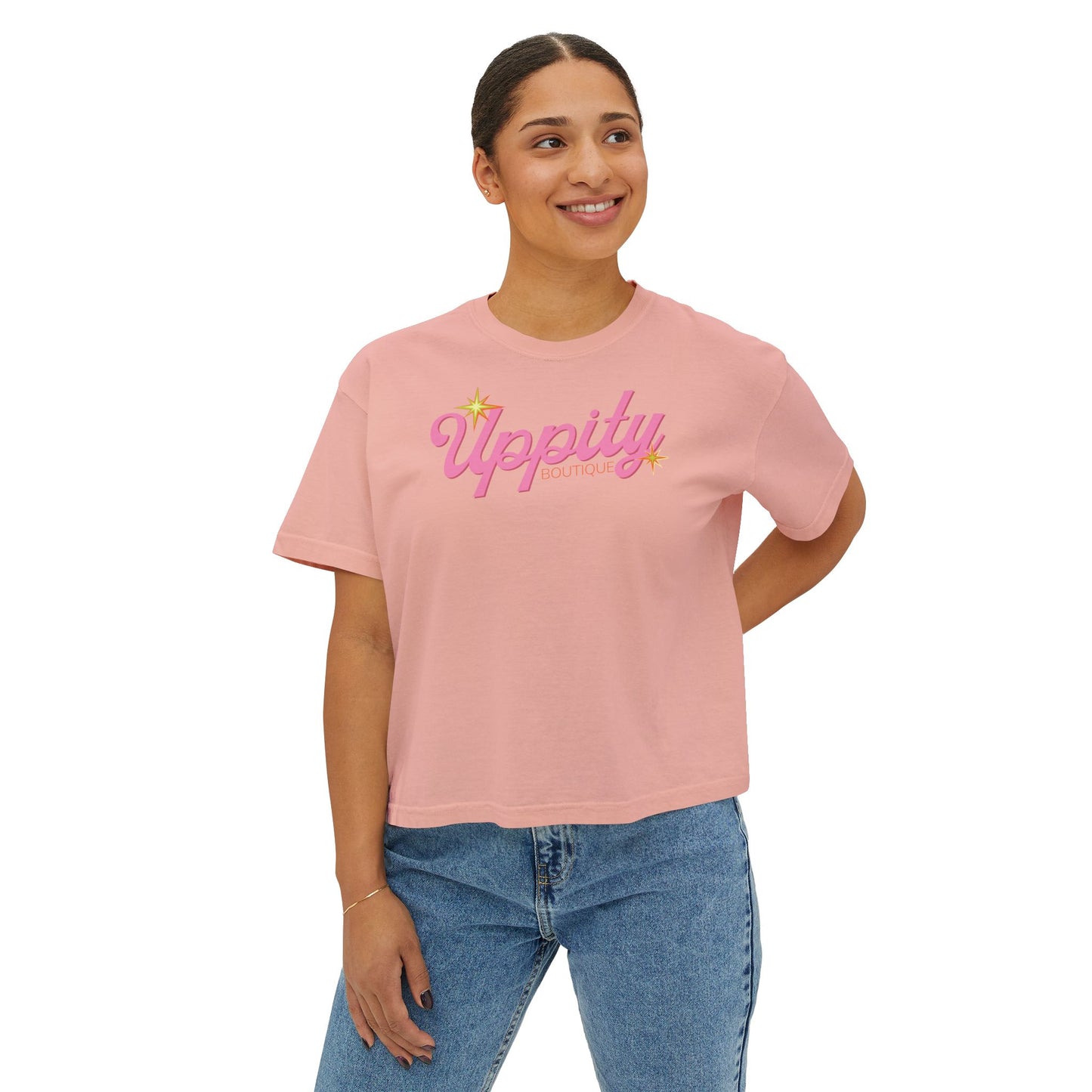 Uppity Pink Script Boxy Tee — Women's Retro Vibe Casual Top