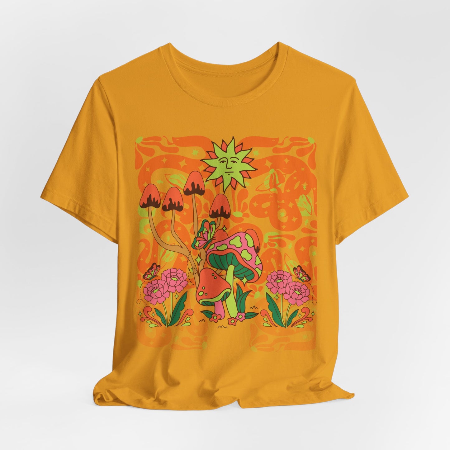 Psychedelic Garden Tee — Retro Mushroom & Sun Graphic T-Shirt