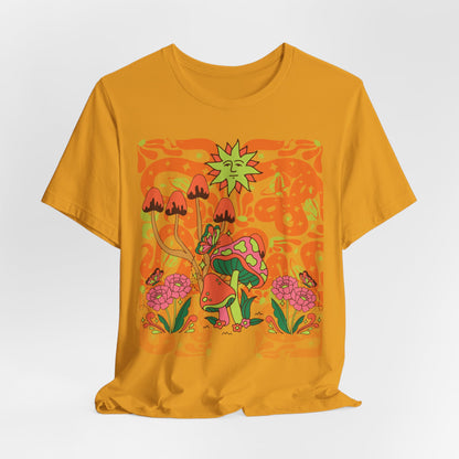 Psychedelic Garden Tee — Retro Mushroom & Sun Graphic T-Shirt