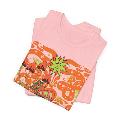 Psychedelic Garden Tee — Retro Mushroom & Sun Graphic T-Shirt