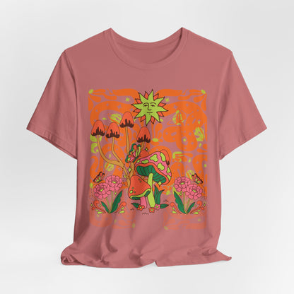Psychedelic Garden Tee — Retro Mushroom & Sun Graphic T-Shirt