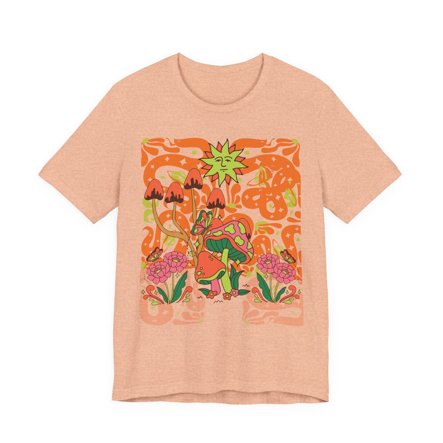 Psychedelic Garden Tee — Retro Mushroom & Sun Graphic T-Shirt