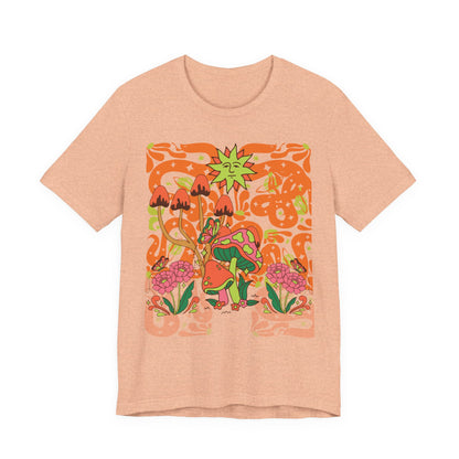 Psychedelic Garden Tee — Retro Mushroom & Sun Graphic T-Shirt