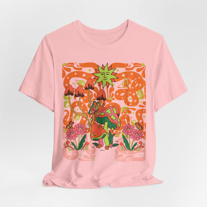 Psychedelic Garden Tee — Retro Mushroom & Sun Graphic T-Shirt