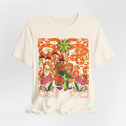 Psychedelic Garden Tee — Retro Mushroom & Sun Graphic T-Shirt